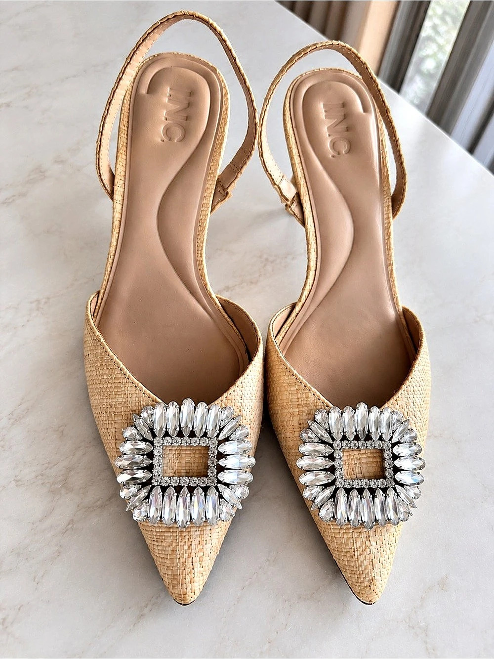 INC Embellished Pointed-Toe Slingback Heels in Tan